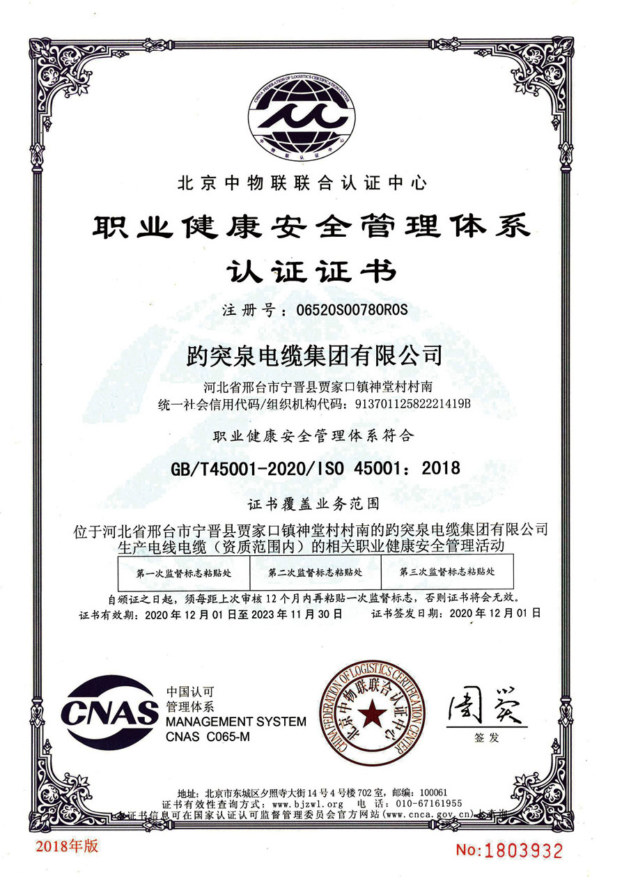 職業(yè)健康安全管理體系認證證書